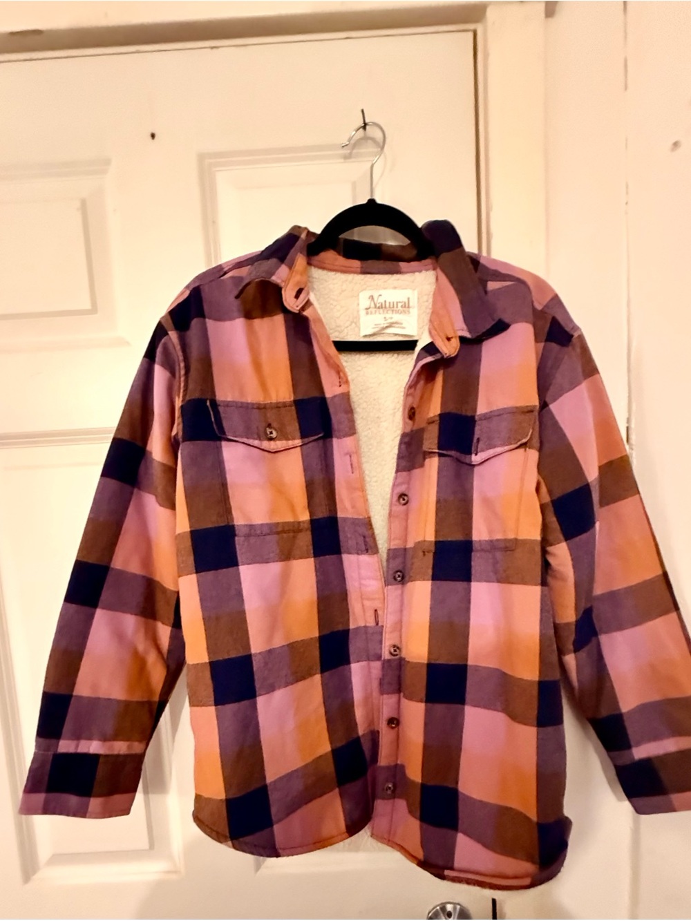 Natural Reflections Pink & Navy Plaid Flannel Shirt Coat Sherpa Lined